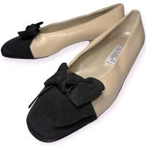 P. Verdi 37 6.5 Ivory Cream Leather Black Grosgrain Bow Cap Toe Loafers Flats